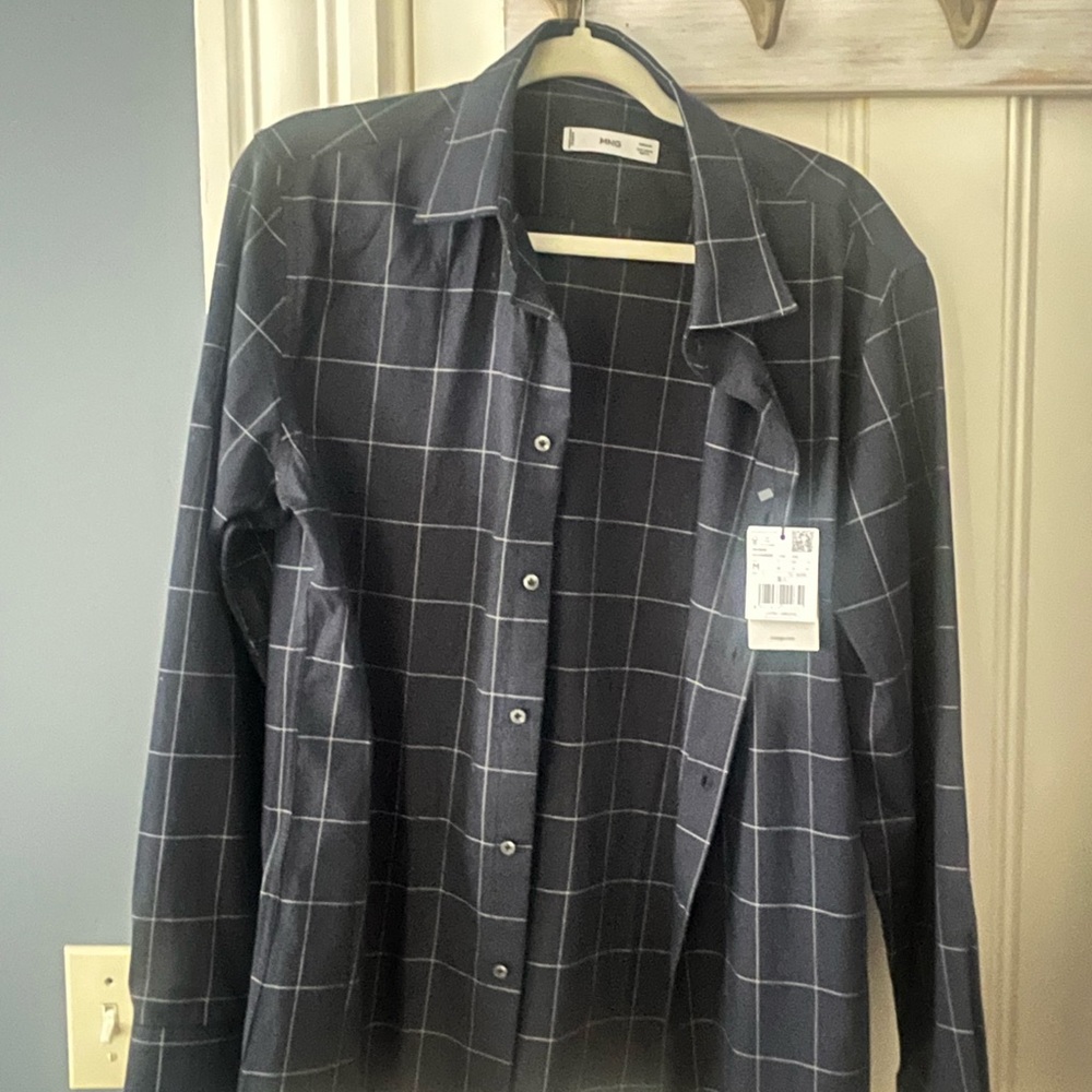 Mango Blue Casual Button Down Shirt with Windowpane Check Pattern